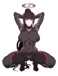  1girl arms_behind_head black_hair blue_archive blunt_bangs bodysuit breasts cameltoe commentary covered_navel covered_nipples english_commentary halo highres jewelry large_breasts long_hair looking_at_viewer na_ss paid_reward_available ponytail red_eyes ring rio_(armed)_(blue_archive) rio_(blue_archive) simple_background solo spread_legs squatting sweatdrop tiptoes variant_set very_long_hair white_background 