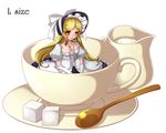  :o adapted_costume apron bad_anatomy blonde_hair bonnet bow breasts choker cleavage cream creamer_(vessel) cup elbow_gloves gloves hat hat_ribbon highres in_container in_cup invincible_marisa kakiikada kirisame_marisa light_smile long_hair looking_at_viewer medium_breasts minigirl new_super_marisa_land older ribbon ribbon_choker saucer simple_background solo spoon sugar_cube teacup touhou waist_apron white_background yellow_eyes 