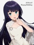  1girl absurdres aqua_eyes birthday black_hair blunt_bangs blush breasts commentary dated dress english_text happy_birthday highres hime_cut ikizulive!_love_live!_bluebird komagata_hanabi kyaku_tasu long_hair looking_at_viewer love_live! signature small_breasts solo very_long_hair watermark white_background white_dress 
