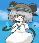  1girl animal_ears blue_sky bottle brown_hat cloud collarbone commentary_request day dress ears_through_headwear grey_hair hair_between_eyes hand_up hat highres mouse_ears mouse_girl mouse_tail nazrin open_mouth outdoors prehensile_tail ramune red_eyes shirt short_eyebrows short_sleeves sky solo tail thick_eyebrows touhou uni_souchou white_dress white_shirt 