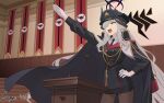  1girl absurdly_long_hair adolf_hitler arm_up banner belt black_cape black_coat black_halo black_horns black_necktie blue_archive blue_eyes breasts buttons cape chinese_commentary coat coat_on_shoulders collared_shirt commentary_request cowboy_shot curved_horns demon_horns double-breasted facing_away floating_hair from_below from_side gehenna_academy_logo gloves gradient_halo gradient_horns grey_hair hair_over_one_eye halo hand_on_own_hip hat highres horns large_breasts long_hair long_sleeves looking_ahead makoto_(blue_archive) microphone multicolored_coat multicolored_halo multicolored_horns multiple_girls multiple_horns nazi necktie open_mouth outstretched_arm pantyhose peaked_cap pixiv_username podium pointy_ears red_coat red_halo salute serious shirt solo stage standing straight-arm_salute suger44n teeth twintails very_long_hair white_gloves white_hair white_shirt 
