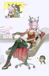  3girls absurdres arknights arknights:_endfield black_boots blue_horns bonsai book book_on_lap boots breasts can chair chibi chibi_inset chinese_commentary chinese_text cleavage closed_mouth commentary_request cropped_jacket crossed_legs demon_girl demon_horns dragon_bean_(arknights) drink_can endministrator_(arknights) female_endministrator_(arknights) fluffy_tail full_body gourd green_thighhighs guaishengyin hair_intakes hair_over_one_eye hand_wraps highres holding holding_can horns jacket large_breasts medium_hair mi_fu_(arknights) mole mole_on_breast mole_under_eye multiple_girls on_chair one_eye_covered open_book parted_bangs pink_eyes pink_hair pointy_ears reading red_shirt seal_impression shirt sitting speech_bubble strapless strapless_shirt swivel_chair tail tassel thighhighs translation_request waist_cape watermark white_jacket zhuang_fangyi_(arknights) 