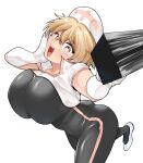  :d black_bodysuit blonde_hair blush bodysuit breasts commentary_request elbow_gloves gloves hair_between_eyes hammer hand_on_own_cheek hand_on_own_face hat heart high_heels holding holding_hammer huge_breasts kurotsuki_no_jerknacht kurotsuki_no_yaergnacht long_hair nurse_cap official_art open_mouth orange_eyes pumps shoes short_sleeves simple_background smile standing standing_on_one_leg taichou_furyou white_background white_gloves white_hat white_shoes 