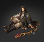  1boy ascot black_sandals bow_(weapon) braid claud_(fire_emblem:_genealogy_of_the_holy_war) claude_von_riegan claude_von_riegan_(timeskip) commentary english_commentary fire_emblem fire_emblem:_genealogy_of_the_holy_war fire_emblem:_three_houses fusion grey_background highres holding holding_bow_(weapon) holding_weapon jaeon009 looking_to_the_side male_focus pectorals sandals signature sitting smile solo toned toned_male valkyrie_staff weapon white_ascot 