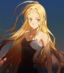  1girl absurdres bare_arms blonde_hair blood blood_on_face blue_eyes blue_one-piece_swimsuit blurry blurry_background blush clear_sky collarbone commentary competition_swimsuit english_commentary forehead highres jewelry kofune_ushio ling5707 long_hair looking_to_the_side necklace one-piece_swimsuit outdoors shell shell_necklace sky smeared_blood solo summertime_render swimsuit twilight upper_body very_long_hair 