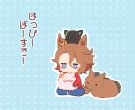  1girl animalization biwa_hayahide_(umamusume) blue_background blue_eyes blush bnw_(umamusume) brown_hair chibi chibi_only commentary_request creature_and_personification ear_ribbon full_body gomashio_(goma_feet) hair_between_eyes happy_birthday horse horse_girl horse_tail jitome narita_taishin_(racehorse) narita_taishin_(umamusume) outline personification polka_dot polka_dot_background short_hair sitting tail translation_request umamusume white_outline winning_ticket_(umamusume) 