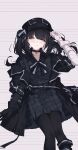  1girl arm_belt asymmetrical_gloves bandaged_arm bandaged_hand bandages black_choker black_coat black_dress black_gloves black_hair black_hat black_pantyhose black_ribbon blood blood_on_face choker closed_mouth coat coat_partially_removed collared_dress commentary dress gloves goggles goggles_on_headwear grey_eyes hair_ornament hat highres kurobe_nanoka long_hair looking_at_viewer mahou_shoujo_no_majo_saiban medium_hair neck_ribbon pantyhose plaid_clothes plaid_dress ribbon simple_background solo twintails unmoving_pattern yun_cao_bing 