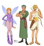  1girl 2boys alternate_costume bare_shoulders blonde_hair blush boots bow_(weapon) bracelet closed_mouth coin crossed_arms earrings english_commentary fairy fairy_wings full_body glint gogoose_(amazingeuuurus) gold_coin green_hair hand_on_own_hip highres holding holding_coin jewelry leotard long_sleeves multiple_boys nami_(one_piece) one_eye_closed one_piece orange_hair pantyhose purple_boots purple_leotard purple_pantyhose roronoa_zoro sandals sanji_(one_piece) scar scar_across_eye scar_on_face short_hair signature simple_background smile sparkle standing tunic weapon white_background white_tunic wings 