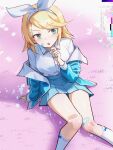  1girl :o arm_support bandaid bandaid_on_knee bandaid_on_leg blonde_hair blue_eyes blue_jacket blue_nails blue_skirt bow bow_hairband bow_legwear commentary danraz0r glitch hair_ornament hairband hairclip highres jacket kagamine_rin looking_at_viewer nail_polish on_ground open_clothes open_jacket open_mouth parallel_hairclips shirt short_hair sitting skirt socks solo vocaloid white_bow white_hairband white_shirt white_socks 