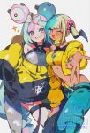  2girls aqua_hair bandeau black_mask blonde_hair blue_eyes blue_hair blush bow-shaped_hair breasts canari_(pokemon) cargo_pants character_hair_ornament commentary criss-cross_halter criss-cross_straps dark-skinned_female dark_skin grey_pantyhose grin hair_ornament halter_shirt halterneck hexagon_print highres iono_(pokemon) jacket kawasaki_(kwsk_8765) long_hair long_sleeves looking_at_viewer mask mask_pull medium_breasts mega_stone mouth_mask multicolored_hair multiple_girls navel one_eye_closed open_mouth oversized_clothes pants pantyhose pink_hair pokemon pokemon_legends:_z-a pokemon_scarlet_and_violet sharp_teeth shirt short_twintails single_leg_pantyhose sleeves_past_fingers sleeves_past_wrists smile split-color_clothes split-color_hair sports_bra teeth twintails two-tone_hair two-tone_mask two-tone_pants untranslatable_commentary w yellow_bandeau yellow_jacket yellow_mask yellow_sports_bra 