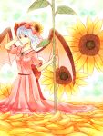  1girl back_bow bat_wings blue_hair bow breasts brooch closed_mouth commentary_request flower hat hat_flower jewelry mangetsu_(yayoi) mob_cap oversized_flower petals pink_hat pink_shirt pink_skirt red_bow red_eyes remilia_scarlet shirt short_hair skirt skirt_set small_breasts smile solo sunflower touhou wings yellow_flower yellow_petals 