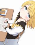  1girl adapted_costume black_sailor_collar black_skirt blonde_hair blue_eyes blush chair collarbone desk from_above highres holding holding_pencil kagamine_rin kaneko_2019 long_sleeves medium_hair neckerchief notebook on_chair parted_bangs pencil pencil_case pleated_skirt sailor_collar school_chair school_desk school_uniform shadow shirt sidelocks sitting skirt smile solo vocaloid white_shirt yellow_neckerchief 