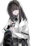  1girl 1other absurdres arknights belt belt_pouch black_bow black_bowtie black_gloves black_hair black_hairband black_skirt bow bowtie chinese_commentary coat commentary doctor_(arknights) ezumly gloves hairband head_tilt highres holding_hands light_blush long_hair looking_at_viewer pouch pov pov_hands priestess_(arknights) purple_eyes simple_background skirt smile solo_focus sweater turtleneck turtleneck_sweater two-tone_bow two-tone_bowtie white_background white_bow white_bowtie white_coat white_sweater 