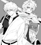  2boys armor closed_mouth commentary crossover fingerless_gloves genshin_impact gintama gloves greyscale grin hadanugi_dousa hair_between_eyes highres holding holding_sword holding_weapon japanese_clothes kimono looking_at_viewer male_focus monochrome multiple_boys over_shoulder sakata_gintoki scar scar_on_cheek scar_on_face simple_background smile sugita_tomokazu sword upper_body varka_(genshin_impact) voice_actor_connection weapon weapon_over_shoulder zarame_pfpf 
