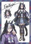  ahoge animal_ears black_dress black_hair boots bow commentary detached_sleeves dress ear_bow equinox_(racehorse) frilled_dress frilled_sleeves frills garter_straps hair_ornament hair_over_one_eye highres horse_ears horse_girl horse_tail jikkentai_(zol8529) original red_eyes school_uniform tail thighhighs tracen_school_uniform umamusume untranslatable_commentary 