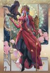  1girl art_nouveau aymr_(fire_emblem) bird black_shoes breasts chrysanthemum commentary dress eagle edelgard_von_hresvelg edelgard_von_hresvelg_(timeskip) english_commentary fake_horns fan_yang_(jiuge) fire_emblem fire_emblem:_three_houses flower full_body gloves high_heels highres holding holding_staff horned_headwear horns looking_at_viewer medium_breasts red_dress red_gloves shoes smile solo staff 