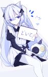 1girl absurdres alternate_costume apron blue_hairband closed_mouth commentary_request dress dress_shirt frilled_apron frilled_dress frilled_hairband frills hair_over_one_eye hair_ribbon hairband highres holding holding_sketchbook icetreset873 layered_sleeves lolita_hairband long_hair long_sleeves looking_at_viewer mahou_shoujo_no_majo_saiban maid_apron natsume_an-an purple_eyes ribbon shirt simple_background sketchbook solo stuffed_toy thighhighs white_background white_hair white_hairband white_thighhighs 