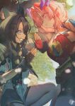  2girls absurdres animal_ears arknights arknights:_endfield betanonbeet black_gloves black_hair black_shorts blue_eyes breasts cleavage commentary demon_girl fingerless_gloves gloves hair_intakes hair_over_one_eye highres horns large_breasts long_hair mi_fu_(arknights) mole mole_on_breast mole_under_eye multicolored_gloves multiple_girls open_mouth outdoors pink_hair pointy_ears profile purple_horns red_gloves shorts tail tangtang_(arknights) tiger_ears tiger_girl tree two-sided_gloves two-tone_gloves 