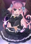  1girl ahoge animal_ears animal_print arm_bow bandaged_neck bandages bell black_bow black_choker black_dress black_headdress blue_bow blue_nails blurry blurry_background blush bow breasts cat_ears cat_girl cat_print cat_tail center_frills choker collarbone commentary_request cross cross_necklace dress eyepatch fingernails frilled_dress frills hair_bow highres indie_virtual_youtuber jewelry jingle_bell layered_dress long_hair long_sleeves looking_at_viewer maid_headdress nail_polish necklace one_eye_covered open_hand open_mouth pink_eyes pink_hair pink_tail ribbon solo tail tail_ornament tail_ribbon tatsuyoshi_(zawahomura) thighs tongue two_side_up v virtual_youtuber white_ribbon yuuki_sakuna 