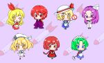  6+girls absurdres apron asakura_rikako blonde_hair blue_dress blue_eyes blue_sailor_collar bow bowtie braid cape capelet chibi chibi_only commentary_request double_v dress elbow_gloves ellen_(touhou) frills glasses gloves green_hair hair_bow hair_ribbon hairband hakase_(chitama_shinryaku) hat hat_ribbon highres holding japanese_clothes kana_anaberal kimono kitashirakawa_chiyuri kotohime_(touhou) lab_coat light_blush long_hair long_sleeves looking_at_viewer maid maid_apron maid_headdress mimi-chan missile multiple_girls okazaki_yumemi open_mouth pants phantasmagoria_of_dim.dream pink_background puffy_short_sleeves puffy_sleeves purple_eyes purple_hair purple_kimono red_bow red_capelet red_eyes red_hair red_hairband red_ribbon red_skirt red_vest ribbon ruukoto sailor sailor_collar sailor_hat shirt shoes short_hair short_sleeves shorts sign skirt smile sun_hat touhou touhou_(pc-98) twintails v vest waist_apron white_apron white_gloves white_hat white_shirt wide_sleeves yellow_bow yellow_eyes 