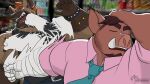  2boys animal_ears bandaged_hand bandages bara black_shirt black_tank_top boar_boy boar_ears closed_eyes collar commentary english_commentary fangs furry furry_male green_necktie highres hyena_boy hyena_ears male_focus meme morris_(wtdl) multiple_boys muscular muscular_male naoya_hitting_choso_without_looking_(meme) necktie open_mouth pectorals pink_shirt scar scar_across_eye scar_on_face shirt sleeveless sleeveless_shirt spiked_collar spikes tank_top toast_(wtdl) tusks vermingeomancer where_the_demon_lurks 
