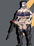  1girl assault_rifle blue_hair breasts covered_nipples cross curvy four_pack futanari girls'_frontline green_eyes gun h&amp;k_hk416 highres hk416_(girls'_frontline) holding holding_gun holding_weapon huge_breasts huge_nipples huge_penis huge_testicles iron_cross large_areolae long_hair mature_female muscular muscular_female navel nazi nipple_piercing penis piercing revealing_clothes rifle slavsegger solo testicles weapon 