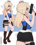  1girl absurdres artist_name ass beretta_92 blonde_hair clothes_around_waist commentary cosplay crown earrings english_commentary grey_crown gun hair_over_one_eye handgun highres holding holding_gun holding_weapon huge_ass jewelry jill_valentine jill_valentine_(cosplay) long_hair mario_(series) pigwazowzky resident_evil resident_evil_3:_nemesis rosalina silver_crown star_(symbol) star_earrings super_mario_galaxy sweater sweater_around_waist weapon 