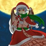  1girl adapted_costume alternate_headwear bat_wings blue_hair breath brooch capelet christmas commentary_request frilled_skirt frills full_moon fur-trimmed_capelet fur-trimmed_headwear fur_trim green_scarf hat holding holding_sack jewelry long_sleeves mangetsu_(yayoi) moon night pink_hat pink_shirt pink_skirt red_capelet red_eyes red_hat remilia_scarlet sack santa_hat scarf shirt skirt skirt_set solo touhou wings 
