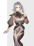  1girl black_pantyhose border braid braided_ponytail breasts brown_eyes closed_mouth commentary_request dress fire_emblem fire_emblem:_fortune's_weave grey_background grey_dress grey_hair hand_up highres long_hair long_sleeves looking_at_viewer medium_breasts minto71311 mole mole_under_mouth pantyhose ponytail simple_background solo thighs ursula_(fire_emblem:_fortune's_weave) white_border 