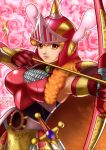  1girl aphrodite_(majou_densetsu) armor arrow_(projectile) artist_name belt black_shirt bow_(weapon) breasts brown_belt cape commentary_request commission drawing_bow floral_background flower fluffy_hair gloves hair_over_shoulder helmet highres holding holding_bow_(weapon) holding_weapon large_breasts long_hair majou_densetsu orange_cape orange_eyes orange_hair parted_lips pink_flower pink_rose red_armor red_gloves rose shirt shoulder_armor skeb_commission sleeveless sleeveless_shirt solo spiked_helmet standing sword upper_body vambraces visor_(armor) visor_lift weapon west-maison winged_helmet 