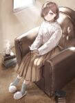  1girl absurdres ankle_socks aran_sweater armchair book book_stack brown_carpet brown_eyes brown_hair brown_skirt cable_knit carpet chair coffee_mug commentary_request cup earrings easy_chair full_body grey_socks hair_ornament hair_over_one_eye hairclip highres holding holding_book indoors jewelry long_skirt long_sleeves looking_at_viewer mug open_book original parted_lips pleated_skirt sitting skirt slippers socks solo sweater usagiplanet7 white_slippers white_sweater window 