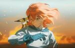  1girl absurdres animal_on_shoulder blue_gloves blurry blurry_background brown_eyes cloud commentary dirty dirty_face earrings embers english_commentary fiery_background fire gloves hair_between_eyes highres hood hood_down hooded_robe jewelry kaze_no_tani_no_nausicaa ling5707 looking_to_the_side medium_hair nausicaa orange_hair robe sky solo teardrop_earrings teto_(nausicaa) upper_body wind 