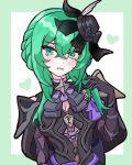  1girl angryforks armor border bow breasts cleavage crossed_bangs fascinator fire_emblem fire_emblem:_fortune's_weave flustered frown green_border green_eyes green_hair hair_between_eyes hand_up hat hat_bow highres looking_at_viewer medium_breasts mini_hat ninae_(fire_emblem) short_hair_with_long_locks shoulder_armor simple_background solo white_background 
