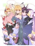  1boy 2girls :d animal_ears arknights bao_bao_haidan bare_shoulders black_hakama black_skirt blonde_hair bobby_socks chinese_commentary closed_eyes closed_mouth commentary_request extra_ears family father_and_child father_and_daughter fox_boy fox_ears fox_girl fox_tail green_eyes hairband hakama hakama_skirt highres husband_and_wife japanese_clothes kariginu kimono kitsune kyuubi long_hair long_skirt long_sleeves mother_and_child mother_and_daughter multicolored_hair multiple_girls multiple_tails official_alternate_costume okobo open_mouth orange_eyes parent_and_child pink_hair pink_kimono platform_sandals pleated_skirt purple_hair red_hairband sandals short_hair skirt smile socks streaked_hair suzuran's_father_(arknights) suzuran_(arknights) suzuran_(yukibare)_(arknights) tabi tail v very_short_hair vulpisfoglia_(arknights) vulpisfoglia_(out_of_focus)_(arknights) white_socks 