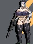  1girl assault_rifle blue_hair breasts covered_nipples cross curvy four_pack girls'_frontline green_eyes gun h&amp;k_hk416 highres hk416_(girls'_frontline) holding holding_gun holding_weapon huge_breasts huge_nipples iron_cross large_areolae long_hair mature_female muscular muscular_female navel nazi nipple_piercing piercing revealing_clothes rifle slavsegger solo weapon 