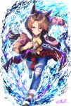  1girl animal_ears asymmetrical_clothes asymmetrical_pants blue_eyes breasts brown_hair closed_mouth clothes_around_waist commentary_request denim fur-trimmed_jacket fur_trim hair_between_eyes highres horse_ears horse_girl horse_tail horseshoe jacket jacket_around_waist jeans long_sleeves looking_at_viewer midriff narita_taishin_(nevertheless)_(umamusume) narita_taishin_(umamusume) pants pink_jacket running shirt short_hair single_pantsleg small_breasts solo tail tank_top tied_shirt torn_clothes torn_jeans torn_pants umamusume ya-ya yellow_shirt yellow_tank_top 