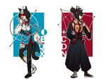  ahoge animal_ears black_hair blue_eyes bow capelet chest_strap croix_du_nord_(racehorse) equinox_(racehorse) hair_bow hair_ornament hair_tie hakama highres horse_ears horse_girl japanese_clothes kanzashi kimono multicolored_hair necktie original red-tinted_eyewear red_bow terkmc tinted_eyewear two-tone_hair umamusume yukata 