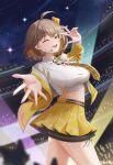  1girl absurdres ahoge anis_(nikke) anis_(star)_(t.t._star)_(nikke) blush breasts brown_hair cheek_tattoo commentary crop_top cropped_shirt english_commentary facial_mark glowstick goddess_of_victory:_nikke headset highres idol jacket jewelry large_breasts looking_at_viewer midriff navel necktie official_alternate_costume one_eye_closed open_mouth penlight_(glowstick) plaid_clothes plaid_necktie shirt short_hair skirt smile solalise star_(symbol) star_facial_mark tattoo teeth upper_teeth_only w white_shirt yellow_jacket yellow_necktie yellow_skirt 