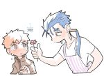  2boys apron blue_hair blush brown_eyes brown_jacket cropped_torso cu_chulainn_(fate) cu_chulainn_(flower_shop_apron)_(fate) cu_chulainn_(lancer)_(fate) ddong_pong earrings emiya_shirou fate/hollow_ataraxia fate/stay_night fate_(series) flower gakuran holding homurabara_academy_school_uniform jacket jewelry korean_text long_hair long_sleeves looking_at_another male_focus multiple_boys official_alternate_costume open_mouth orange_hair ponytail red_eyes school_uniform shirt short_hair short_sleeves simple_background striped_apron striped_clothes sweat translation_request triangle_mouth white_background white_shirt yaoi 