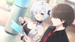  1boy 1girl artist_request black_bow black_shirt bow braid braided_bangs breasts brown_hair cleavage closed_mouth commander_(girls_garden) eyes_visible_through_hair faceless faceless_male game_asset grey_hair hair_bow hair_over_one_eye holding ichijo_shirona indoors jacket jewelry large_breasts mole mole_on_breast muv-luv muv-luv_girls_garden necklace necktie official_art open_clothes open_jacket open_mouth red_necktie shirt short_hair sparkle star_(symbol) star_necklace third-party_source upper_body white_jacket yellow_eyes 