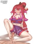  1boy 1girl bandaged_arm bandages berrycrepe black_bow black_headdress black_nails blush bow breasts cum cum_on_body cum_on_feet cum_on_legs feet foot_focus footjob hair_bow hair_ornament highres indie_virtual_youtuber legs long_hair looking_down medium_breasts navel open_mouth otjareniy penis purple_eyes purple_shorts purple_sports_bra red_hair shorts sports_bra sportswear spread_legs squid_girl stomach surprised tentacle_hair thighs two-footed_footjob virtual_youtuber white_background x_hair_ornament 