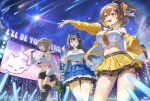 3girls absurdres anis_(nikke) anis_(star)_(nikke) black_hair black_shorts blue_hairband blue_sky breasts brown_hair building cat_ear-shaped_hair cleavage cleavage_cutout clothing_cutout detached_sleeves glowstick goddess_of_victory:_nikke hairband highres idol large_breasts long_hair mint_(nikke) multiple_girls necktie orange_necktie prika_(nikke) shirt shooting_star short_hair short_shorts shorts skirt sky skyscraper stage star_(sky) starry_sky t.t._star_(nikke) thighs very_long_hair white_shirt y_frt yellow_skirt 