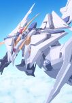  arm_shield beam_rifle blue_sky cloud commentary energy_gun flying green_eyes gun gundam gundam:_hathaway's_flash highres holding holding_gun holding_weapon ka_ki_o mecha mecha_focus midair missile mobile_suit no_humans robot science_fiction shield sky solo v-fin weapon xi_gundam 