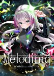  1girl armpit_cutout black_dress choumiryou chunithm closed_mouth clothing_cutout commentary_request dress glowing_clothes glowing_dress green_eyes highres ixia_(chunithm) latex latex_dress long_hair long_sleeves looking_at_viewer multicolored_hair smile solo song_name sparkle streaked_hair title very_long_hair white_hair 