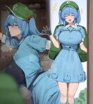  +++ 1girl 258n ^_^ backpack bag black_gloves blue_boots blue_eyes blue_hair blue_shirt blue_skirt blurry blush boots breasts closed_eyes collared_shirt commentary depth_of_field facing_viewer from_side gloves green_bag green_hat hair_bobbles hair_ornament hat highres jewelry kawashiro_nitori key key_necklace knee_boots large_breasts looking_at_viewer medium_hair multiple_views necklace puffy_short_sleeves puffy_sleeves shirt short_sleeves skirt touhou two_side_up 