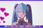  1girl bare_shoulders blue_eyes blue_hair blue_necktie blue_trim closed_mouth collared_shirt commentary empty_eyes expressionless grey_shirt hair_ornament hatsune_miku headset heart highres kkoo7 long_hair looking_up necktie pixel_heart portrait scanlines screen shirt sidelighting sleeveless sleeveless_shirt straight-on twintails vocaloid white_background 