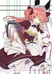 1girl apron armored_skirt black_bow blue_eyes boobplate bow commentary_request dress ear_bow emil_chronicle_online hair_bow hair_rings highres holding holding_polearm holding_shield holding_weapon lance long_hair open_mouth pantyhose pink_hair polearm red_bow red_dress ruano1201 shield shirt shoes shugoma_fehr sleeveless sleeveless_shirt solo twitter_username waist_apron weapon white_background white_headdress white_pantyhose white_shirt white_shoes 