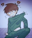  !? 1boy absurdres antenna_hair arm_support black_eyes blush brown_hair clenched_teeth clothes_pull commentary cursor edd_(eddsworld) eddsworld english_commentary film_grain flustered flying_sweatdrops green_pants green_shirt highres long_sleeves male_focus mau_(edd_tom) midriff_peek mixed-language_commentary navel nervous nervous_sweating pajamas pants perversion_of_canon scene_reference shirt shirt_pull short_hair sitting solo spread_legs sweat teeth toon_(style) translation_request turtleneck turtleneck_shirt uneven_eyes 