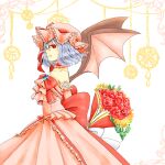  1girl adapted_costume arms_behind_back bat_wings blue_hair bouquet bow bowtie choker commentary_request dress elbow_gloves flower from_side gloves hat hat_bow holding holding_bouquet looking_at_viewer mangetsu_(yayoi) mob_cap pink_dress pink_gloves pink_hat red_bow red_bowtie red_choker red_eyes red_flower red_rose remilia_scarlet rose smile solo strapless strapless_dress touhou wings yellow_flower 