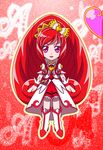  boots bow chibi coat cure_ace curly_hair dokidoki!_precure full_body hair_bow highres knee_boots long_hair madoka_aguri magical_girl monyotarosu precure puffy_sleeves purple_eyes red_background red_hair red_skirt skirt smile solo standing wrist_cuffs 